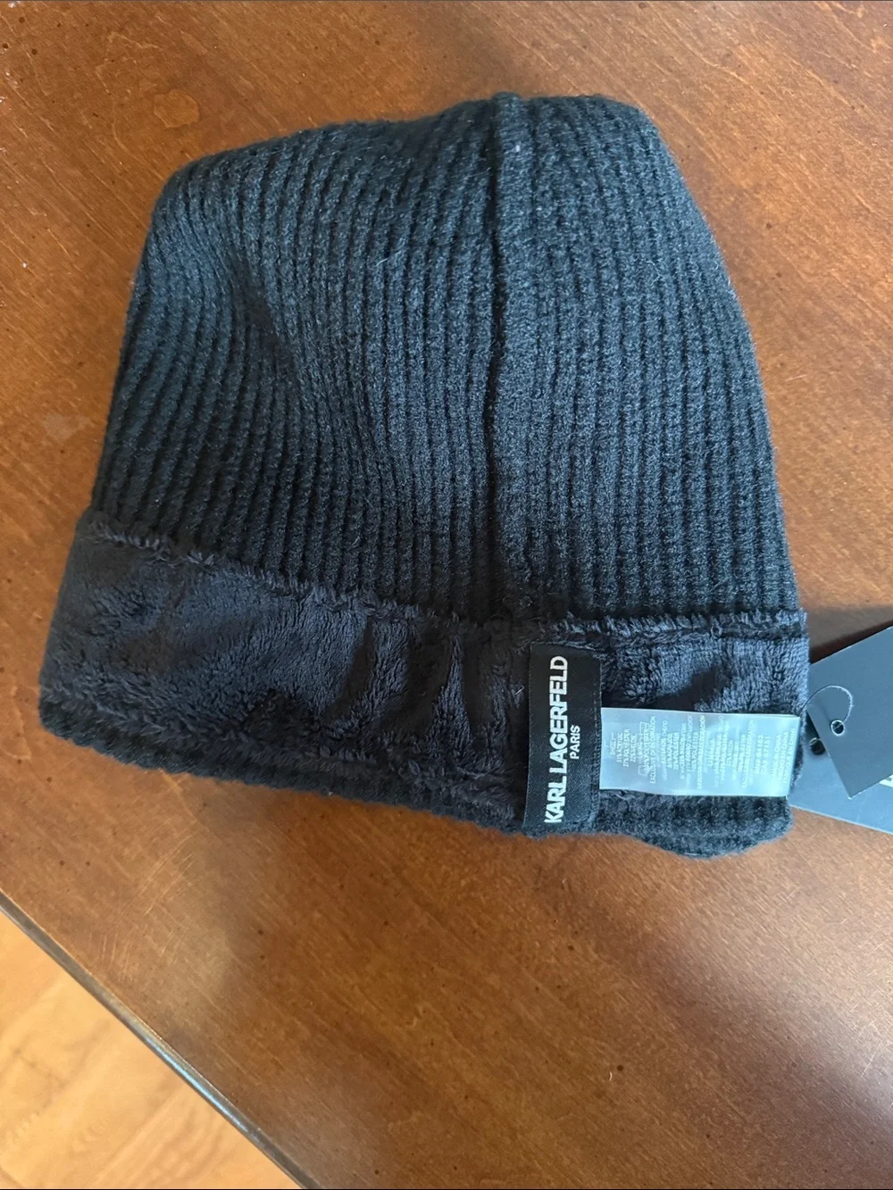 Karl Lagerfeld Black Ribbed Pom Pom Beanie with Icon Patch